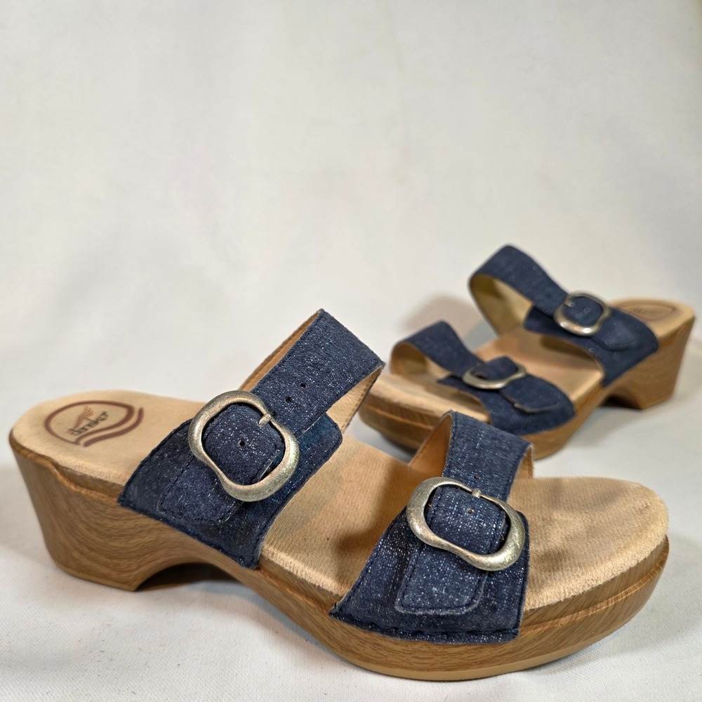 Dansko Sophie Blue Metallic Leather Buckle Wedge Platform Sandals Womens 38/7.5